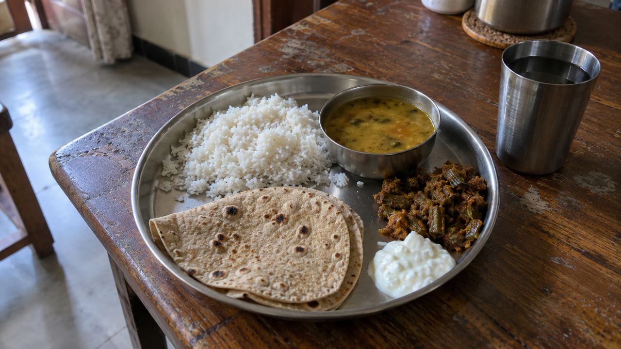 A simple home meal of rice, dal, vegetables, curd and roti on a steel plate