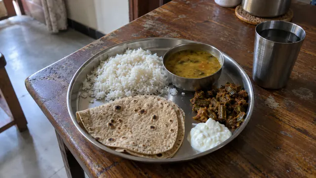 A simple home meal of rice, dal, vegetables, curd and roti on a steel plate