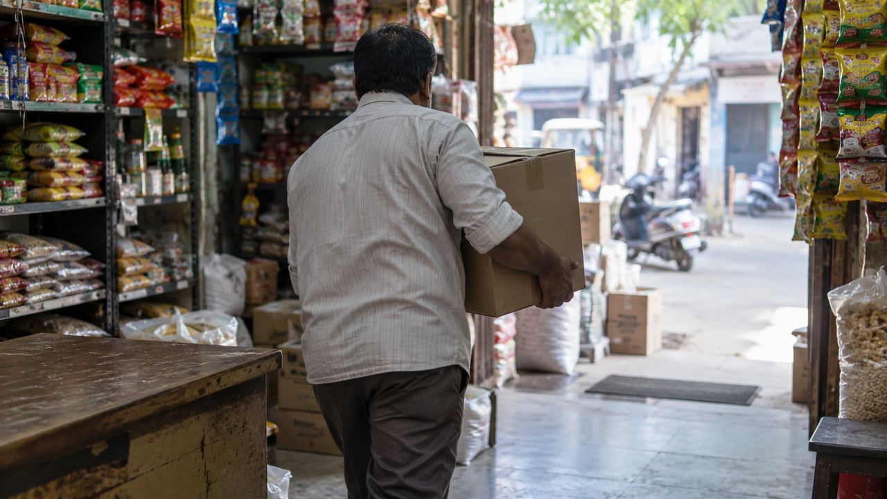A man carrying a cardboard carton through the doorway of a shop