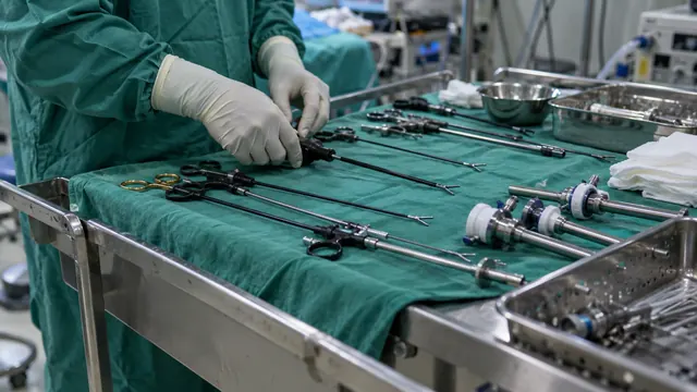 Laparoscopic instruments laid out on a surgical trolley while a surgeon in scrubs arranges them